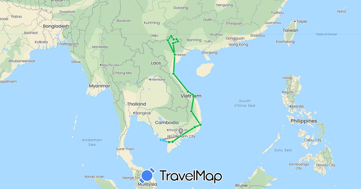 TravelMap itinerary: bus, plane, boat in Vietnam (Asia)